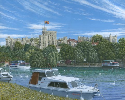 Painting of Windsor Castle from the Eton Bank of the River Thames, England